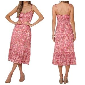 Hello Molly Floral Pink Midi Dress | Chiffon | Ruffles | Ruffle Hem